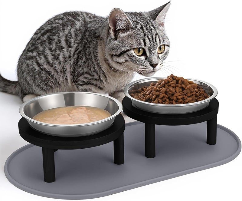Summark Elevated Cat Bowls with Food Mat,6.3 Inches Shallow Raised Bowls Whisker Friendly,2 Stainless Steel Cat Food and Water Dishes for Cats and Puppies,Dishwasher Safe(Black) - Image 1
